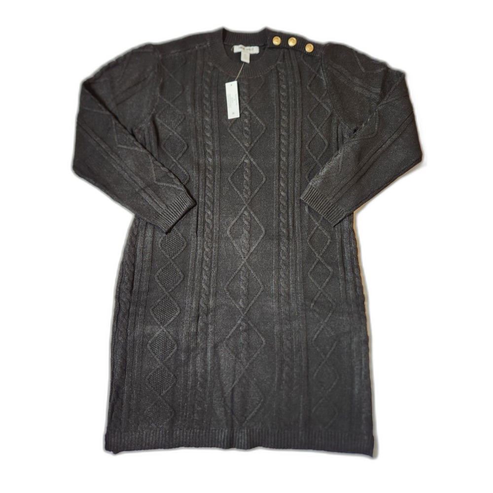 Nine West Jeans Black Cable Knit Sweater Dress XL Button Shoulder
